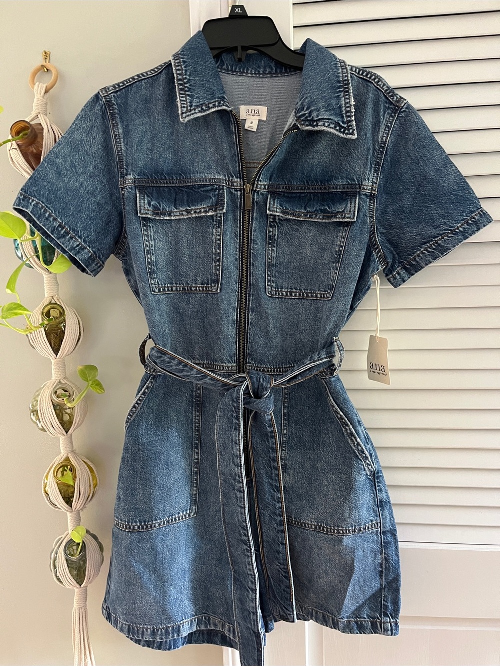 a.n.a Medium Blue Denim Short-Sleeve Zip Romper with Self Tie